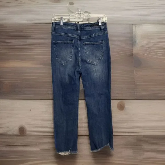 Risen High-Rise Straight Jeans Blue Denim Raw Hem Frayed Distressed Size 29/9 - Picture 5 of 8